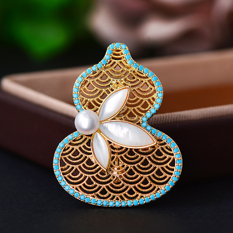 高档轻奢绿松石葫芦贝壳竹叶子胸针女生优雅气质秋冬大衣外套胸花