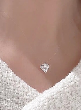 S925纯银透明鱼线锆石爱心形项链