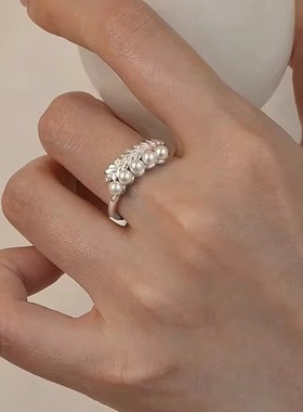 s925纯银麦穗仿珍珠戒指女生精致通勤简约叶子拼接开口食指环尾戒