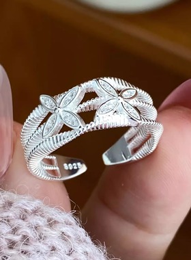 s925纯银锆石镶钻幸运草戒指女生