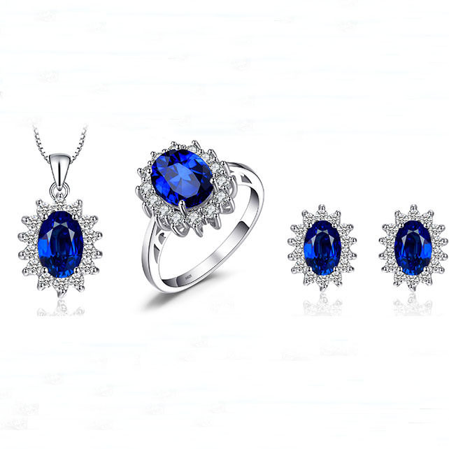 s925纯银蓝宝石镶钻椭圆戒指项链耳环套装女生高档太阳花新娘首饰
