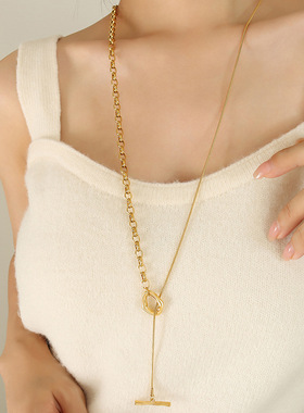 秋冬时尚设计多种戴法OT扣链条项链女生18K金不掉色长款毛衣链女