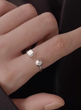 s925纯银方形圆珠素圈戒指女生简约通勤几何方块素银开口食指环女