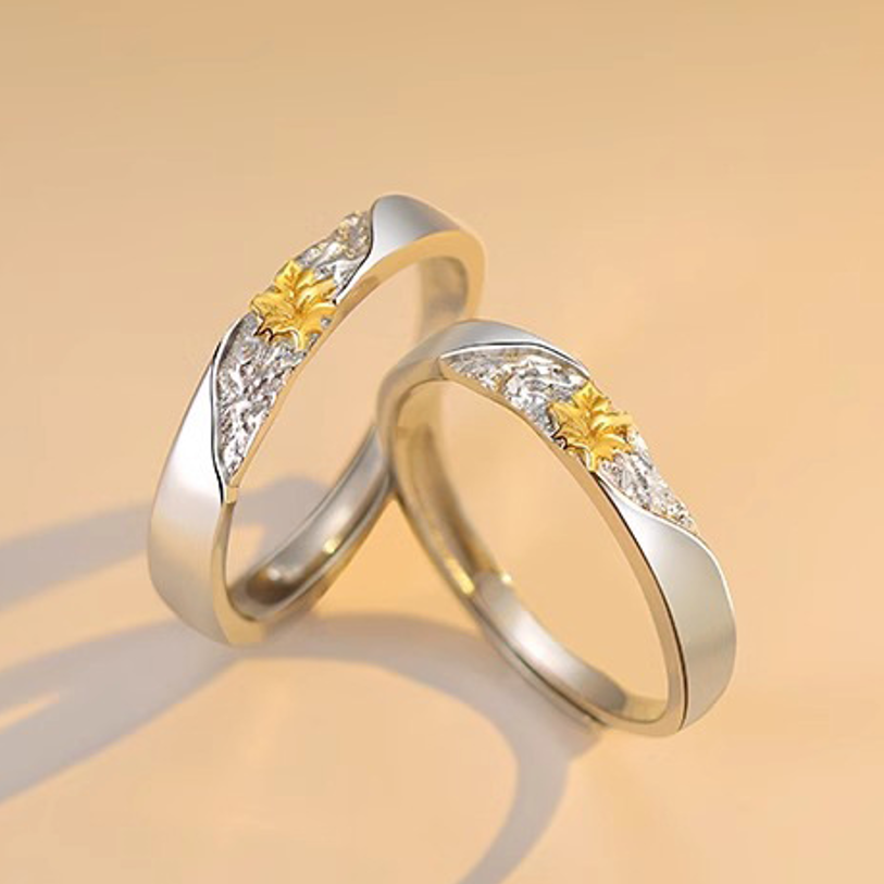 S999纯银分色双色枫叶素圈戒指男女生情侣对戒个性梧桐叶子食指环