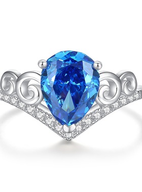 S925纯银高碳钻冰花锆石皇冠戒指女生轻奢水滴形仿真钻戒婚戒礼物