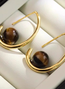 高档轻奢秋冬美拉德风虎眼石水滴D形耳钉女生法式高级复古耳环女