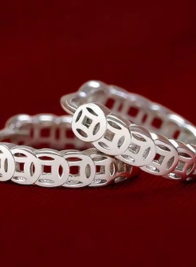 S999纯银足银招财铜钱币耳扣女生小众设计复古高级感几何镂空耳环