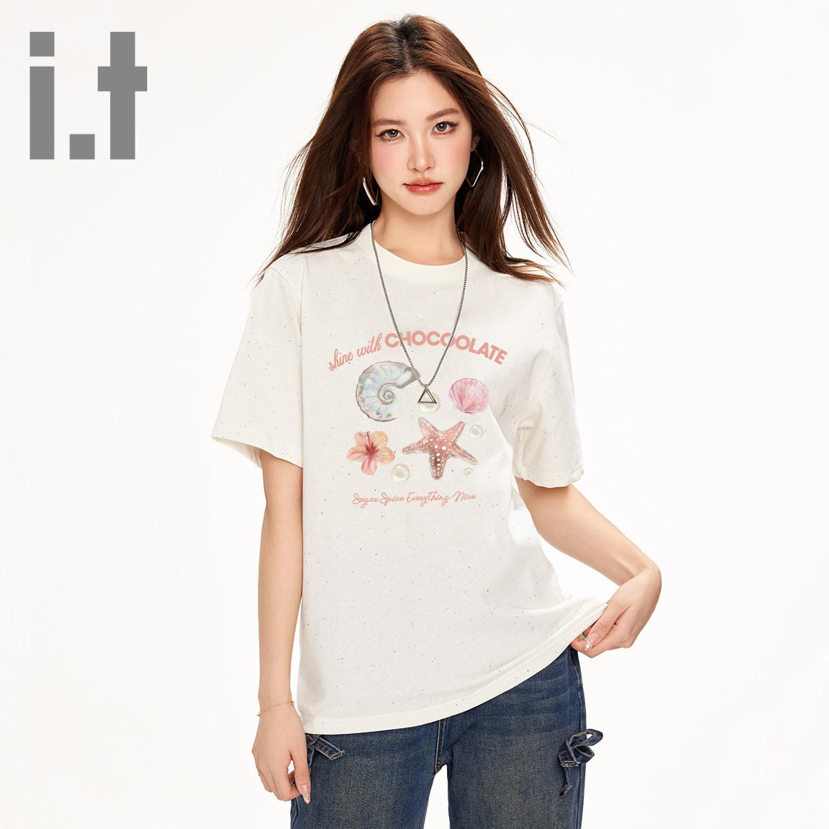 it:CHOCOOLATE海螺印花圆领短袖T恤女2025夏季新款宽松休闲上衣女
