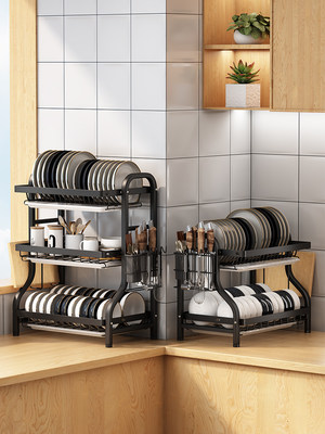 碗碟收纳架碗架多功能放碗盘沥水架碗柜家用三层厨房置物架刀架筷