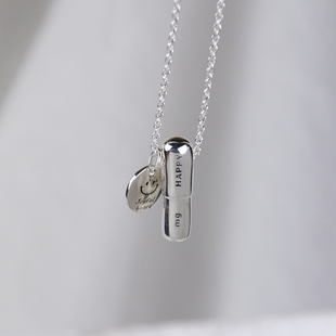 原创纯银小药丸项链男女同款时尚挂坠925银毛衣链笑脸圆牌情侣链