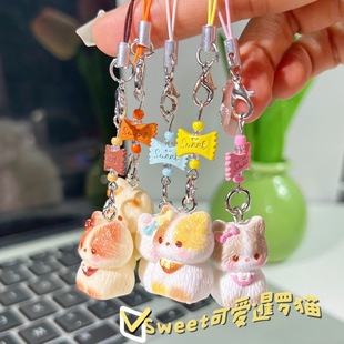sweet串珠彩色暹罗猫手机链可爱卡通少女心甜美挂件学生手机配饰
