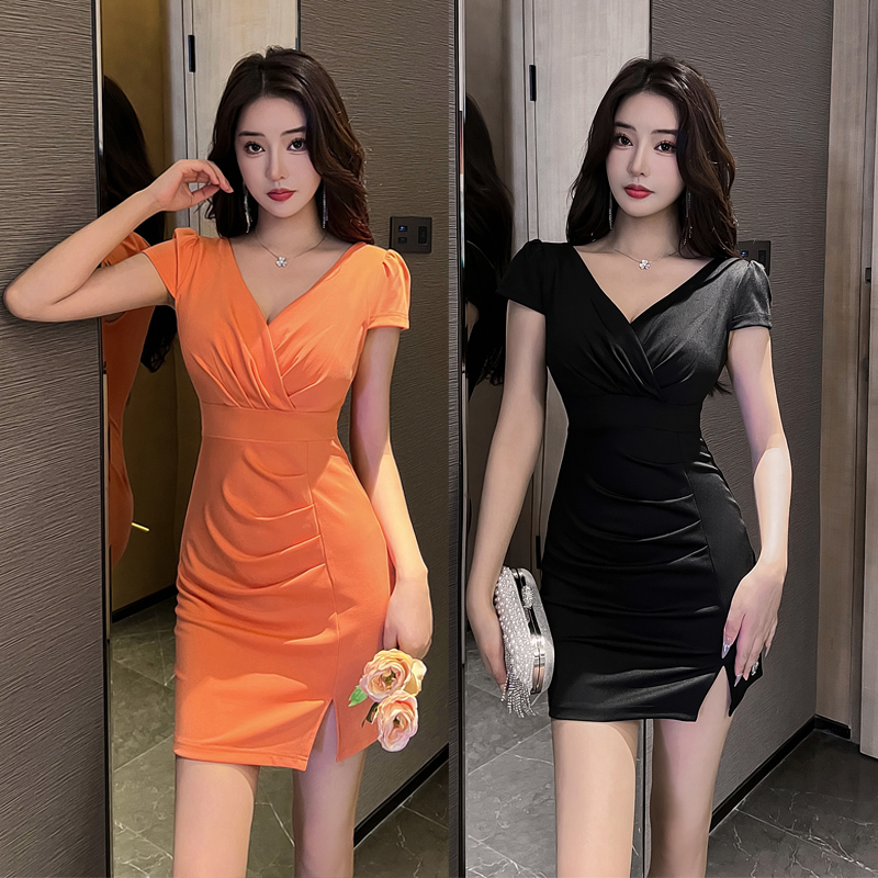 夜场女装气质足浴短裙技师工作服低胸性感连衣裙收腰显瘦桑拿裙子