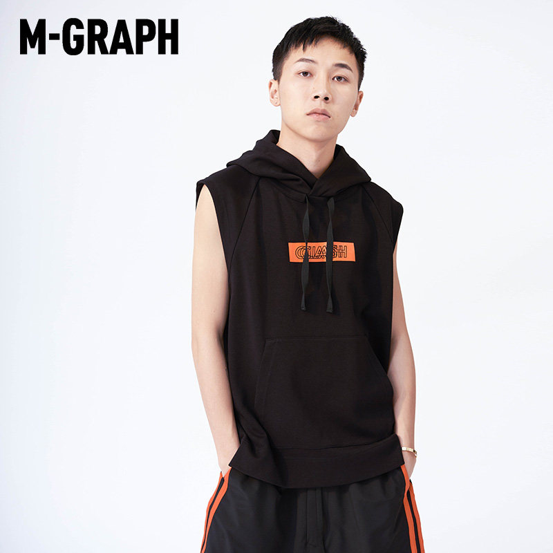 M-GRAPH卓卡潮牌男装夏季时尚印花运动T恤连帽圆领套头无袖卫衣男
