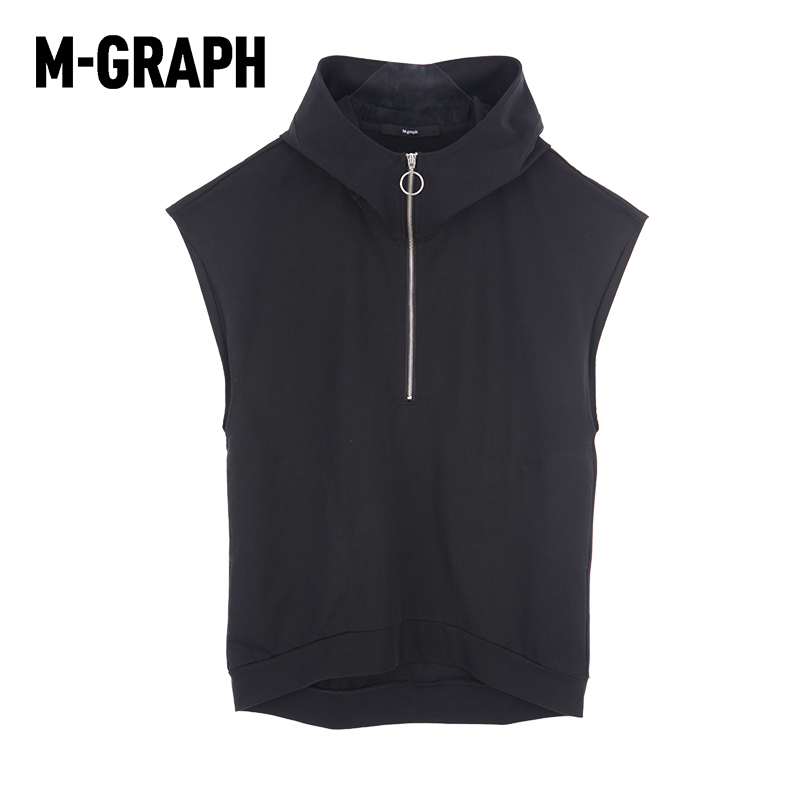 M-GRAPH卓卡潮牌男装青春流行连帽无袖背心纯色宽松休闲套头卫衣