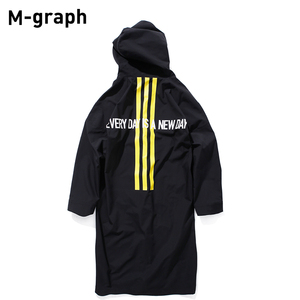 M-GRAPH卓卡潮牌男装春季时尚条纹印花中长款休闲简约连帽外套男