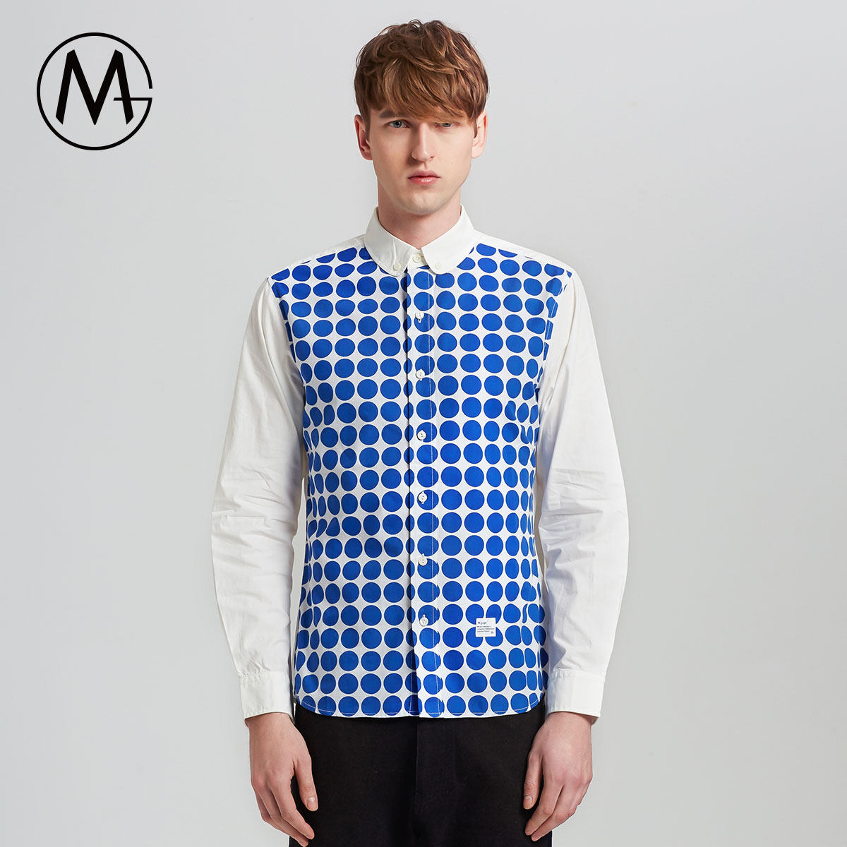 M-GRAPH潮牌卓卡男装秋季休闲波点印花拼接男士长袖衬衫修身衬衣