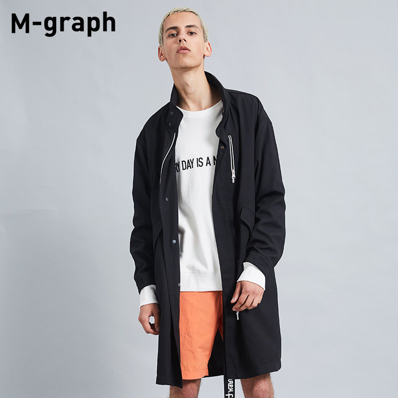 M-GRAPH卓卡潮牌春季都市青年时尚休闲竖领宽松中长款风衣外套男