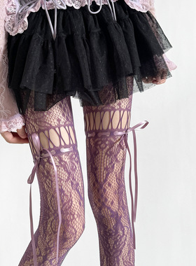 春夏镂空蕾丝蝴蝶结绑带网袜辣妹千禧风连裤袜日系复古穿绳网裤
