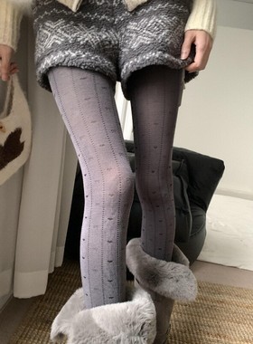 爱心灰色连裤袜子女秋冬薄款可外穿打底裤竖条纹显瘦保暖裤袜丝袜