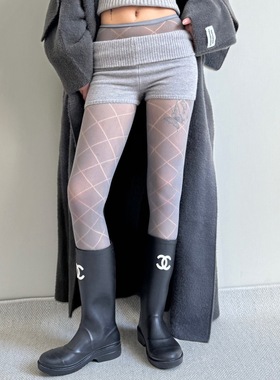 秋季新品灰色连裤袜女轻薄镂空菱格袜裤美腿显瘦渔网袜纯色打底袜