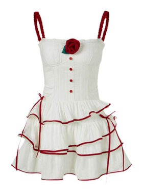 银河万岁“一朵玫瑰就够了”浪漫樱桃红甜美少女风白色提花连衣裙