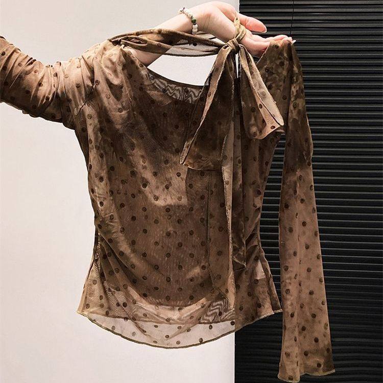 韩系斜肩波点网纱长袖t恤女秋季新款收腰显瘦修身独特绝美小上衣,女装/女士精品,T恤,淘宝优惠券,粉丝福利购,淘宝优惠卷