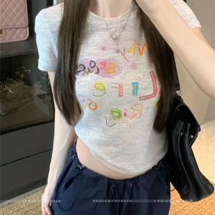 修身 美式 穿搭涂鸦字母圆领短款 辣妹短袖 显瘦正肩上衣潮 t恤女夏季
