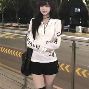 防晒罩衫 美式 修身 复古字母印花连帽长袖 t恤上衣街头早秋外套薄款