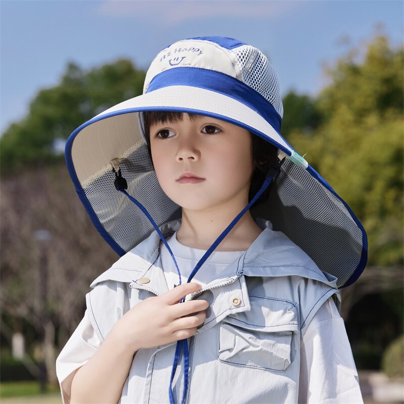 夏季大沿防晒帽子男童宝宝披肩遮阳帽防紫外线儿童渔夫帽宽檐薄款