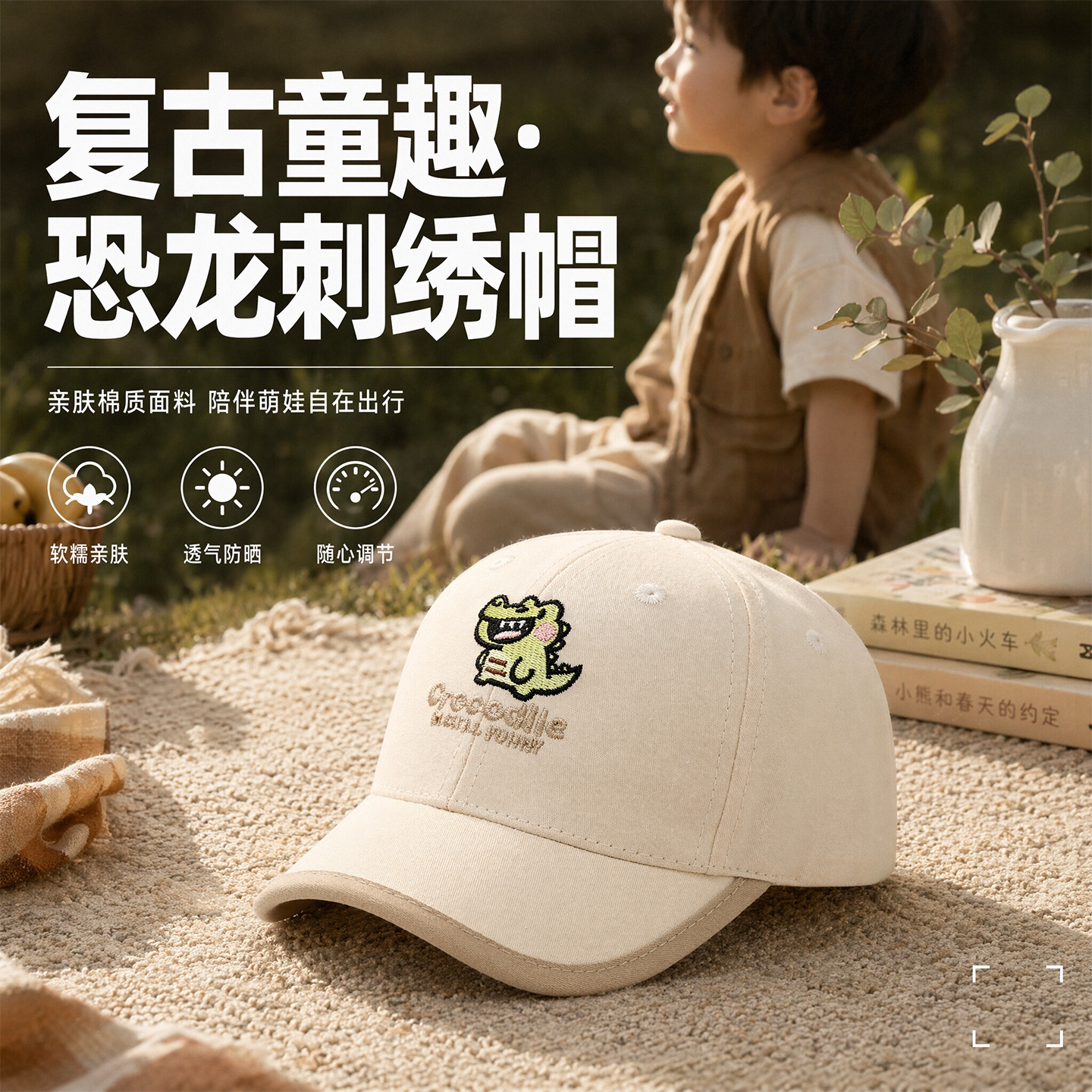 宝宝帽子春秋新款卡通鳄鱼刺绣字母鸭舌帽男童女童户外防风遮阳帽