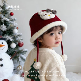 婴儿帽子冬季新年红色渔夫帽男女宝宝加绒保暖圣诞帽卡通毛绒盆帽