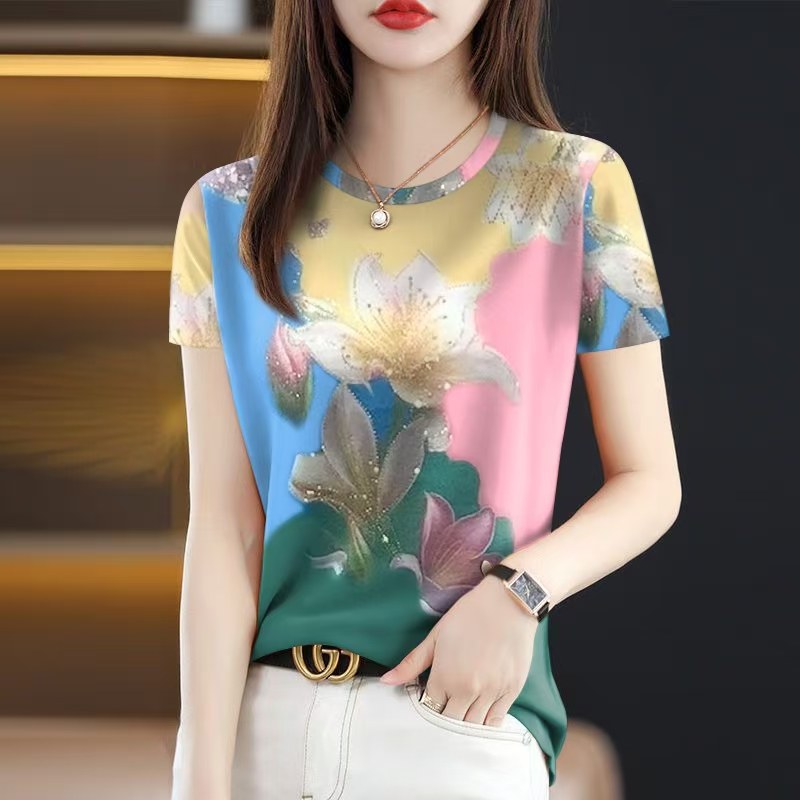 仿真丝夏季圆领短袖T恤女2025爆款大码女装上衣打底衫遮肚百搭,女装/女士精品,T恤,淘宝优惠券,粉丝福利购,淘宝优惠卷