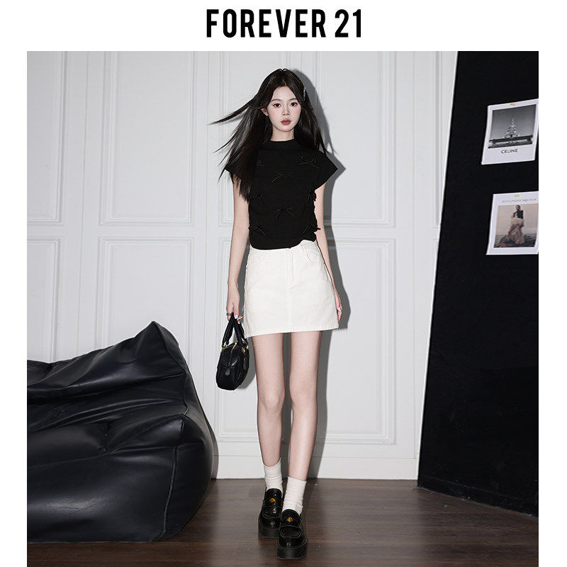Forever21美式白色高腰牛仔半身裙女梨形百搭防走光A字包臀短裙子