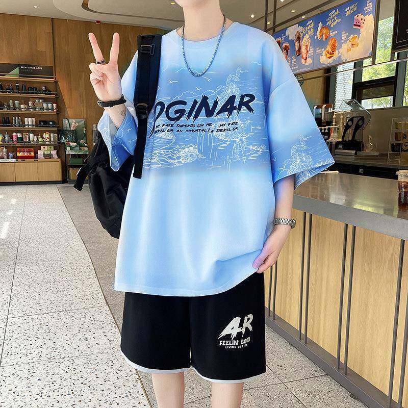 青少年短袖男套装夏季新款港风潮流学生宽松大码百搭休闲T恤短裤