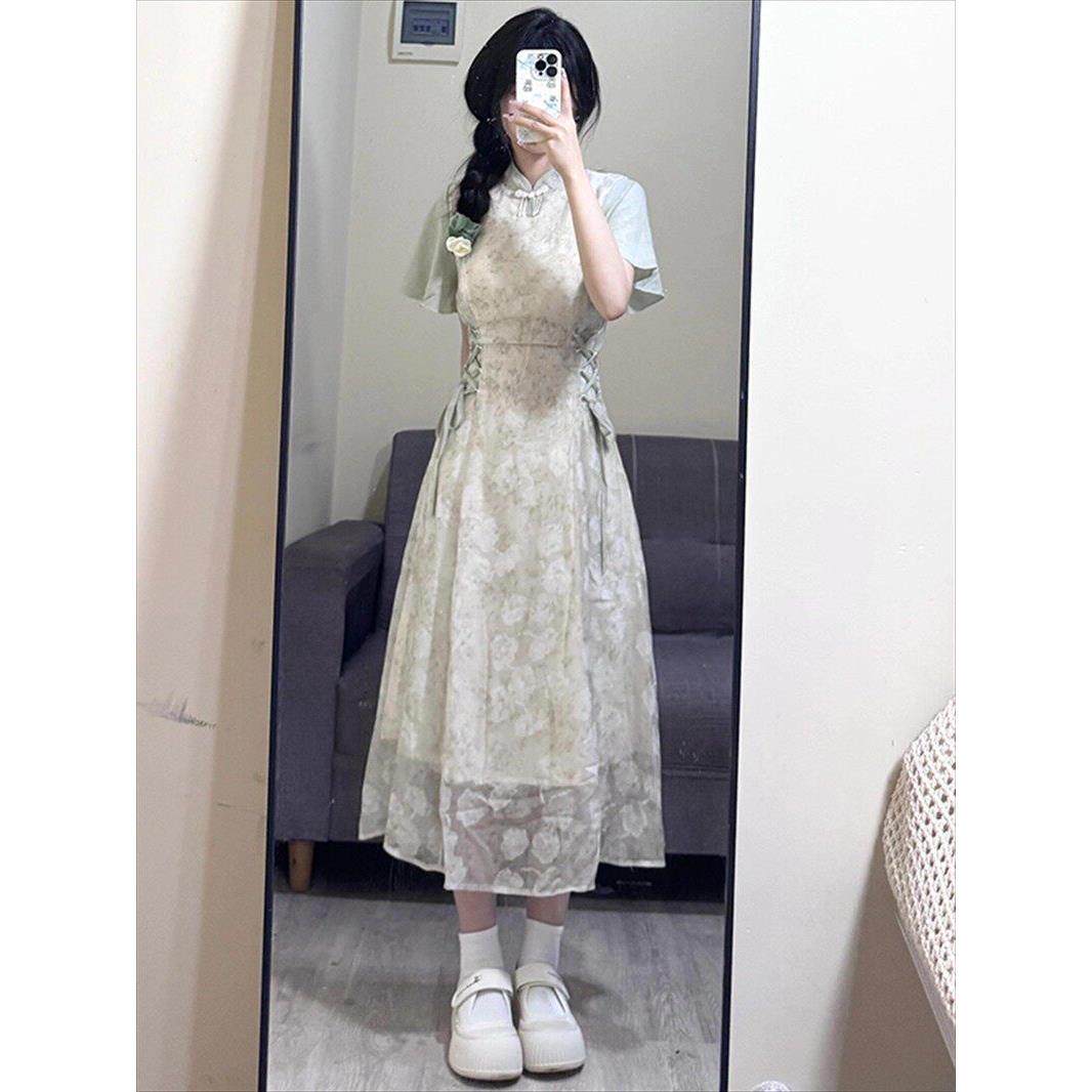 新中式轻国风改良碎花旗袍年轻款女夏季收腰禅意连衣裙日常可穿