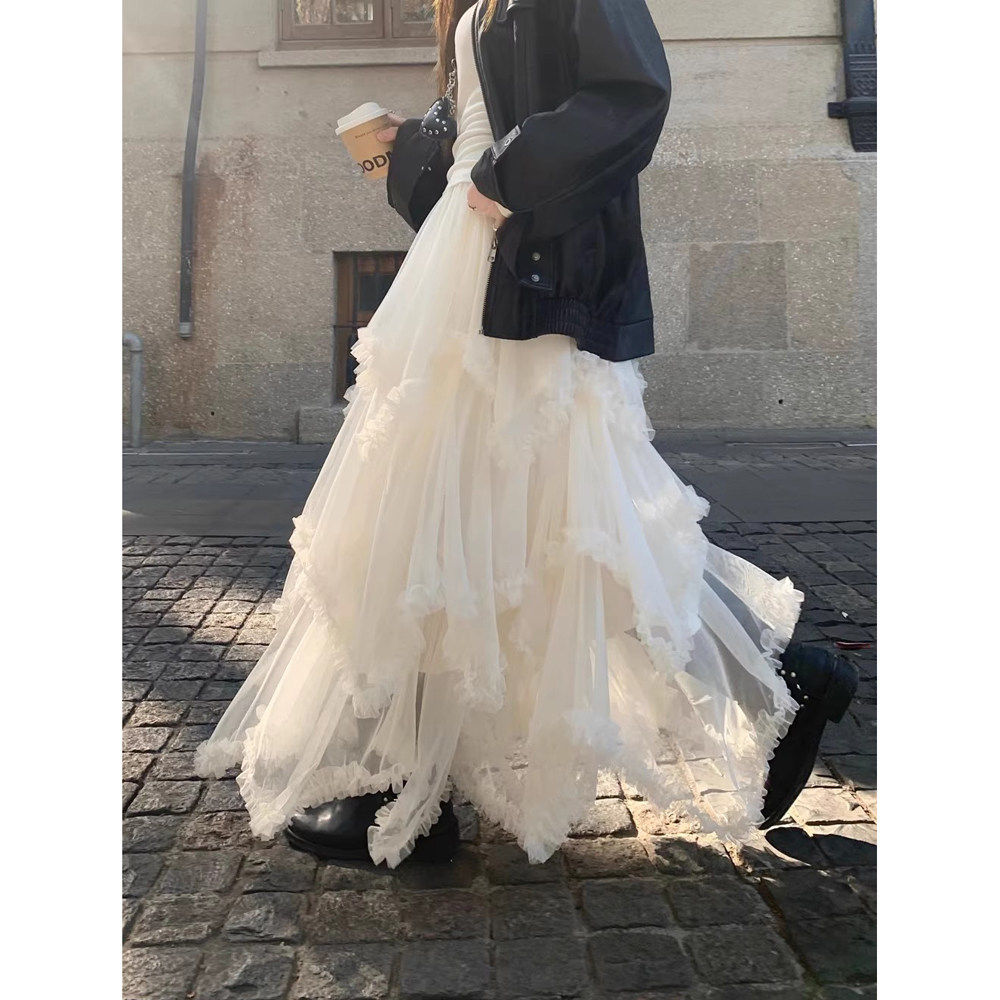 白色木耳边拼接网纱半身裙2026春季设计感不规则蓬蓬A字蛋糕裙女