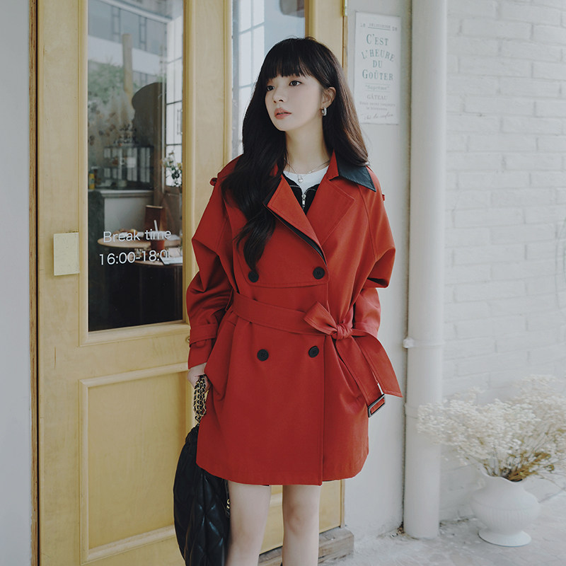【25春装现货】红色中长款风衣外套2C032612P145K208,女装风衣,2C032