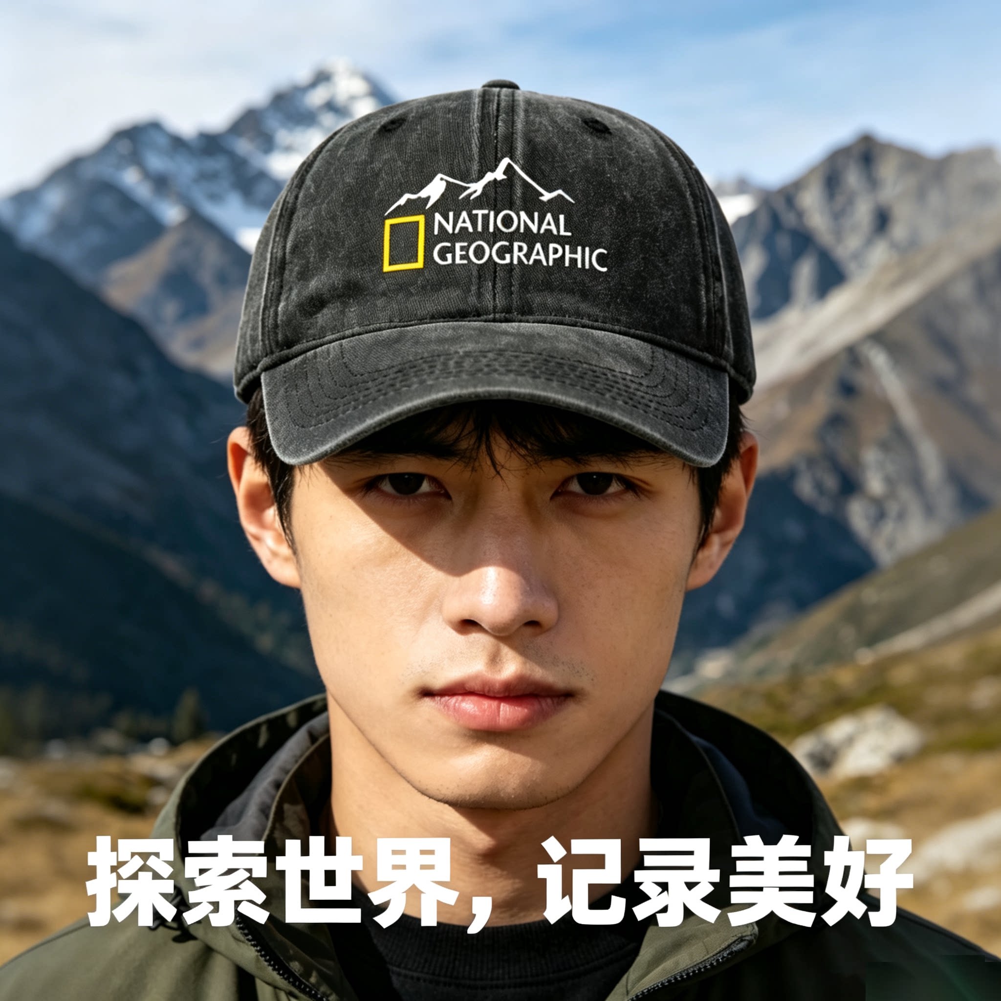 新款国家地理山峰印花做旧棒球帽