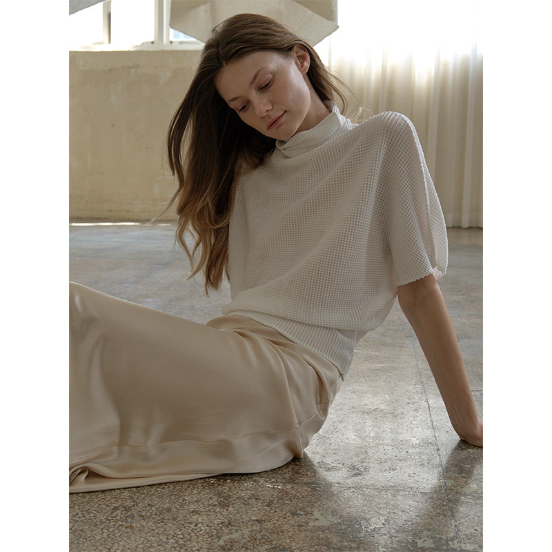 whitecube法式知识分子风old celin高领短袖褶皱上衣中袖t恤女装