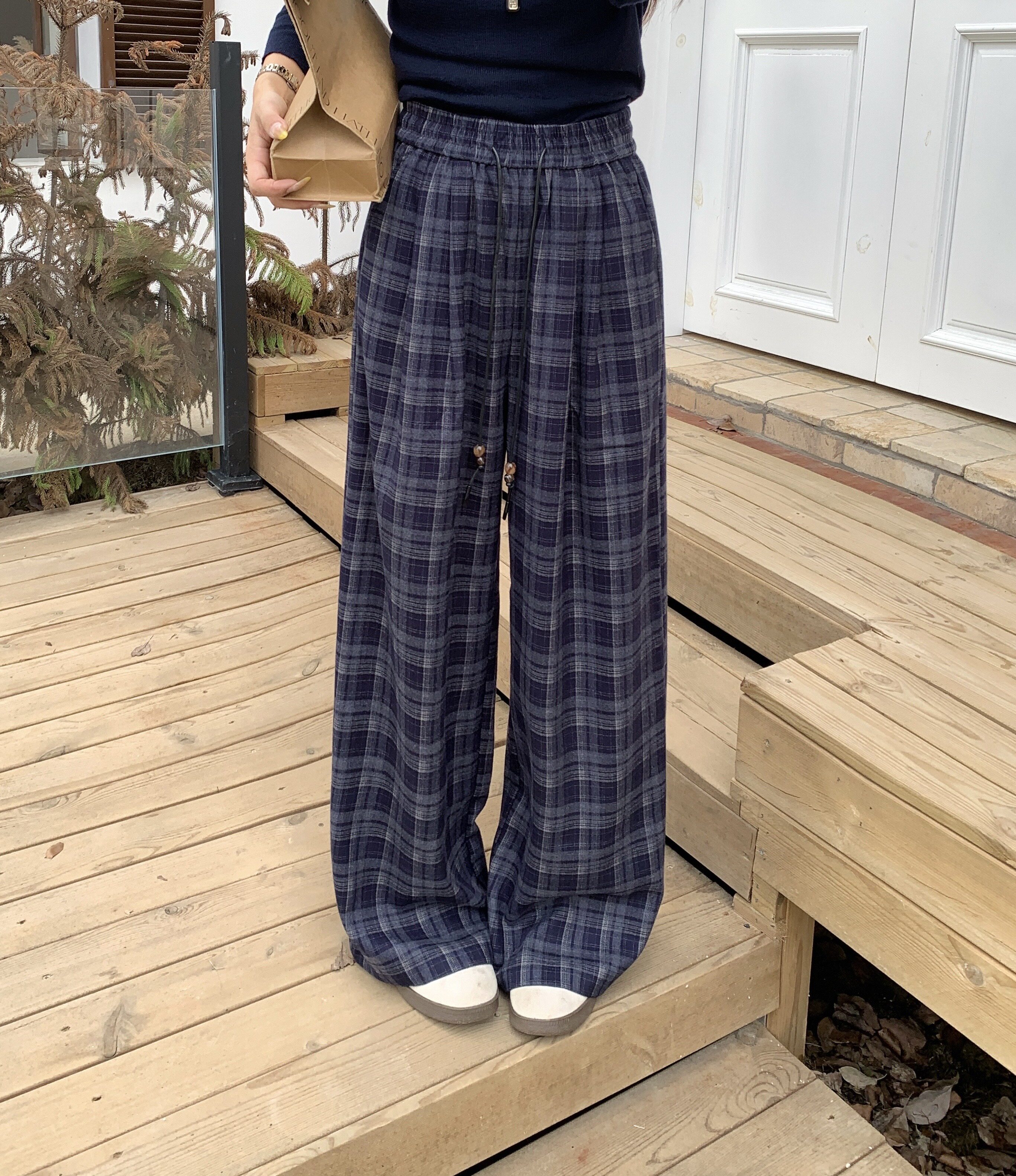 EJM2025秋款抽绳松紧腰格子休闲裤女宽松显瘦百搭直筒阔腿长裤子