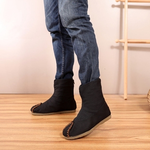 复古男靴秋冬翘头履情侣款 布靴中国风男女靴拉链单靴民族风棉靴子
