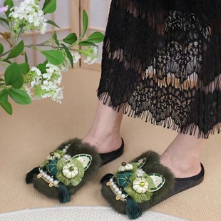 2025新款虎头拖鞋纯手工布鞋国潮正宗老北京布鞋平底女式半拖墨绿