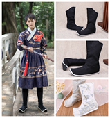 长筒棉靴绣花鞋 子男女汉服布靴子古风皂靴内增侠客古装 鞋 秋冬古装