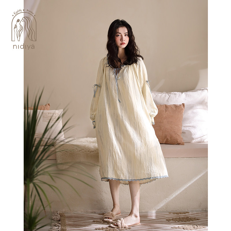妮狄娅2024新款睡衣睡裙女春秋纯棉纱布长袖宽松大码中长款家居服,女士内衣/男士内衣/家居服,睡裙,淘宝优惠券,粉丝福利购,淘宝优惠卷