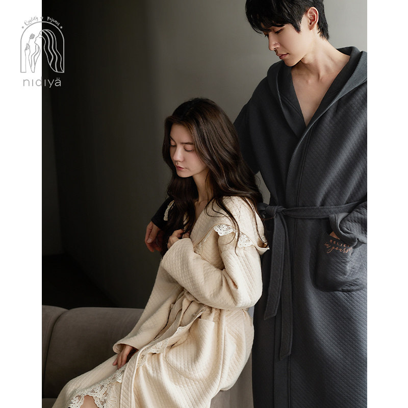 妮狄娅情侣睡衣睡袍女秋季纯棉夹层保暖男时尚连帽浴袍秋冬家居服