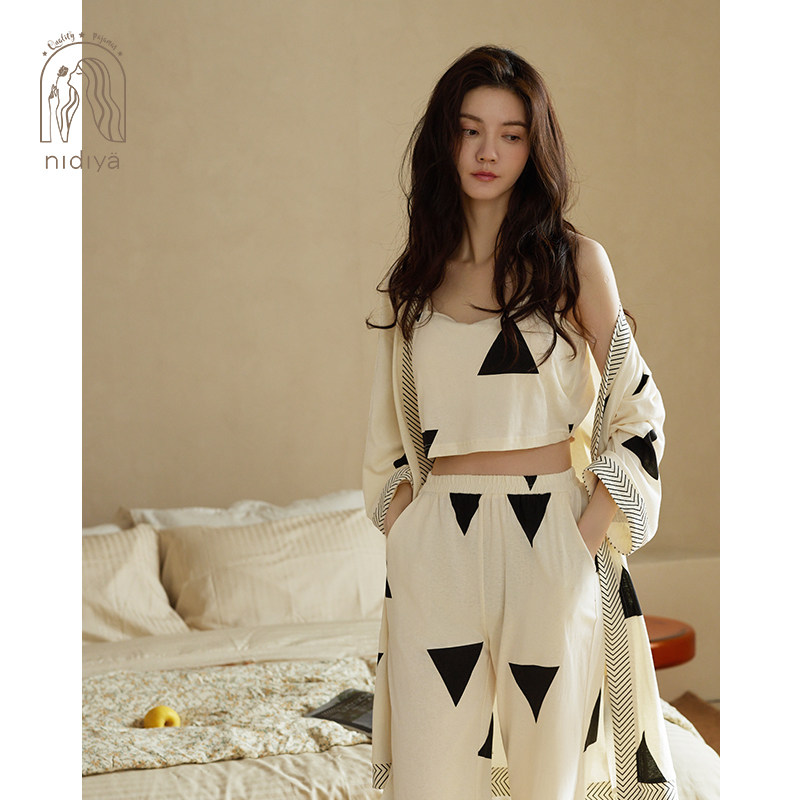 妮狄娅睡衣睡袍女春夏纯棉时尚带胸垫吊带春秋简约三件套装家居服