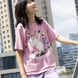 李喜猫LIXIMAO原创设计猫咪印花美式ins风时尚做旧圆领纯棉T恤