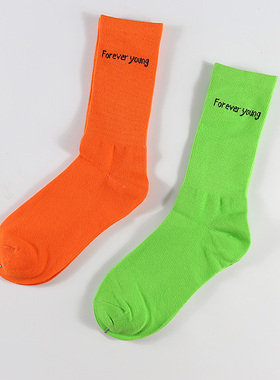 chic风复古港风中筒袜子男女情侣长袜韩国潮袜橙色绿色袜嘻哈