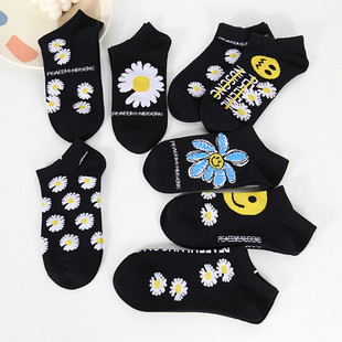 权志龙GD小雏菊袜子男女短袜薄ins风黑色低帮船袜情侣运动袜潮牌