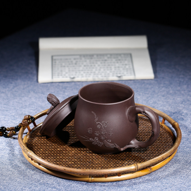 宜兴紫砂杯盖杯全纯手工老紫泥刻花办公杯茶具盒装非陶瓷杯子茶杯